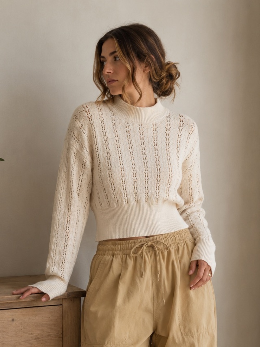 Wilfred Cream Knit Cropped Sweater XXS – Merino Wool & Cotton Blend, Ribbed Hem